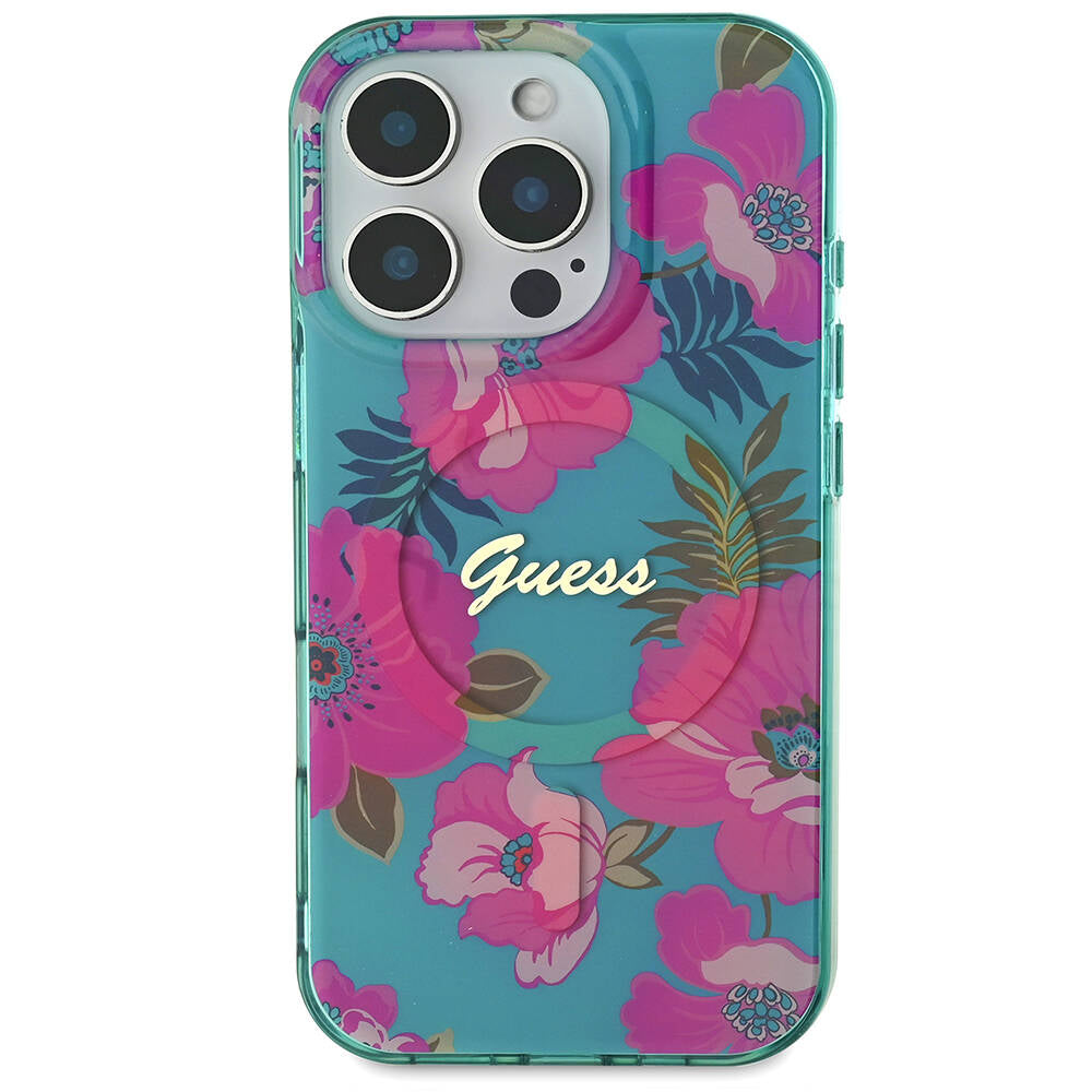 Apple iPhone 16 Pro Kılıf Guess Orjinal Lisanslı Magsafe Şarj Özellikli Flower Tone On Tone Ring Kapak Siyah