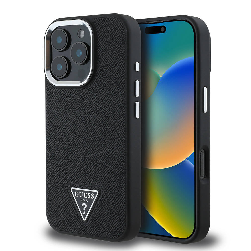 Apple iPhone 16 Pro Kılıf Guess Orjinal Lisanslı Magsafe Şarj Özellikli Grained Triangle Kapak Kahverengi