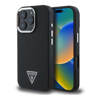Apple iPhone 16 Pro Kılıf Guess Orjinal Lisanslı Magsafe Şarj Özellikli Grained Triangle Kapak Kahverengi