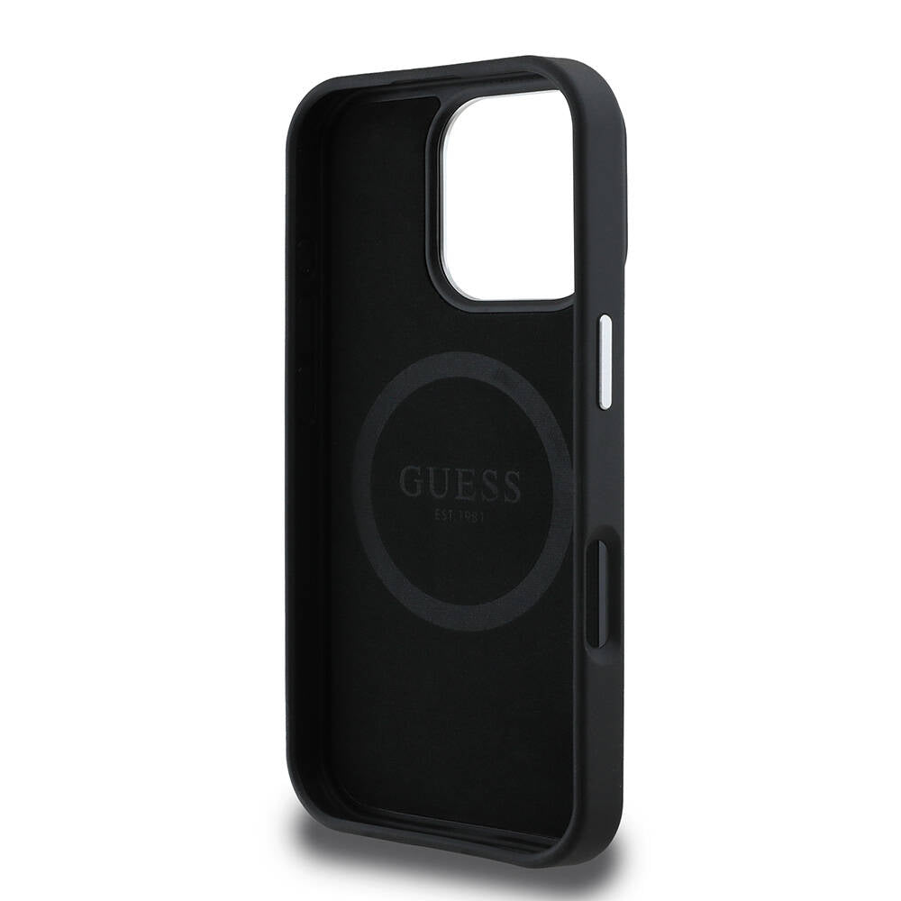 Apple iPhone 16 Pro Kılıf Guess Orjinal Lisanslı Magsafe Şarj Özellikli Grained Triangle Kapak Siyah