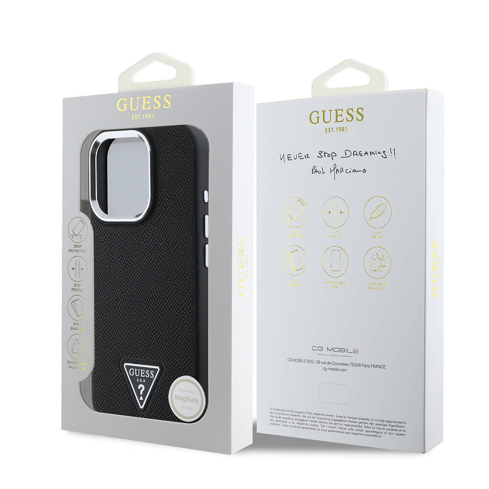 Apple iPhone 16 Pro Kılıf Guess Orjinal Lisanslı Magsafe Şarj Özellikli Grained Triangle Kapak Siyah