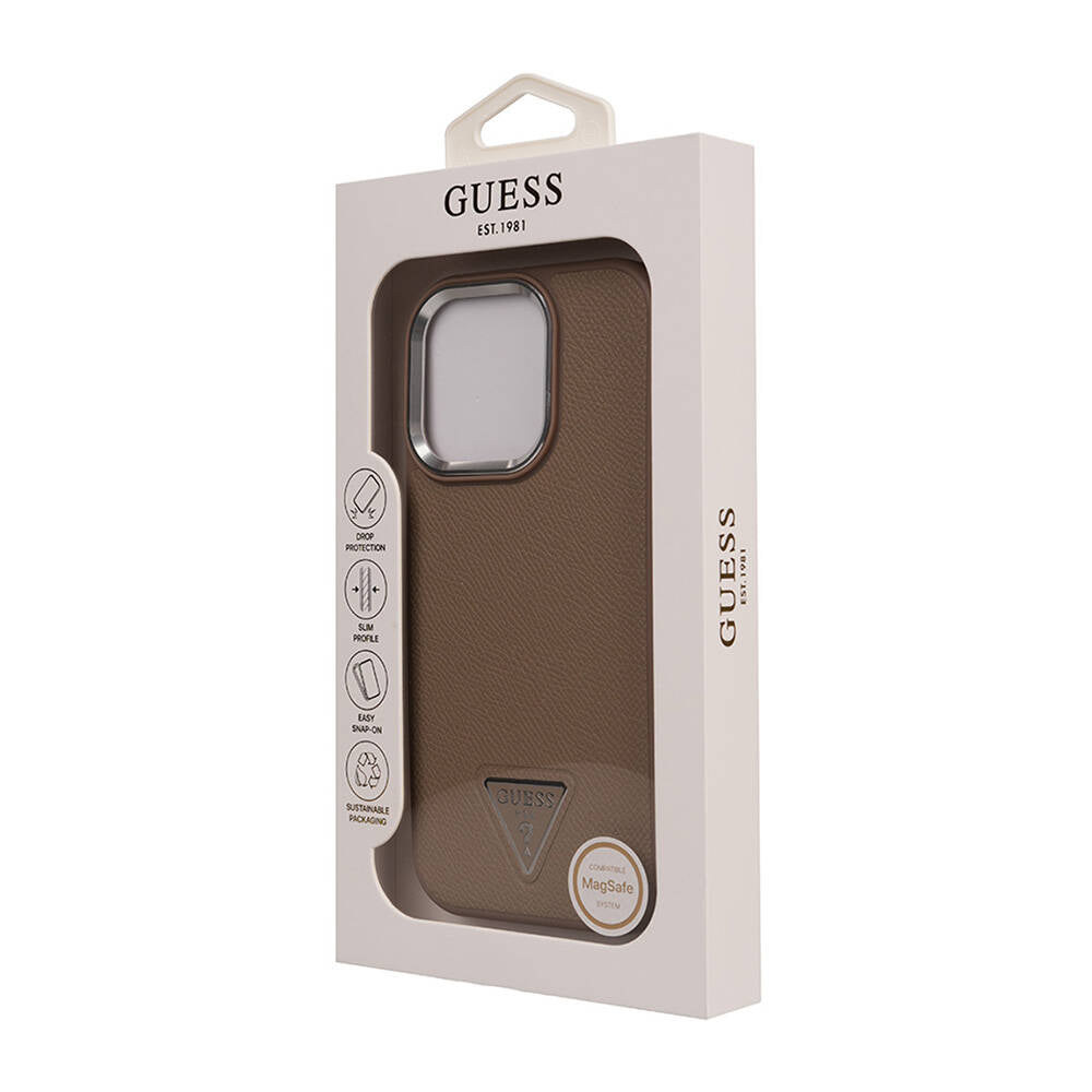 Apple iPhone 16 Pro Kılıf Guess Orjinal Lisanslı Magsafe Şarj Özellikli Grained Triangle Kapak Kahverengi