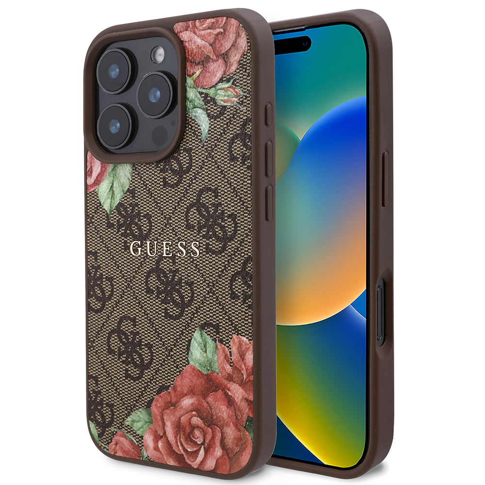 Apple iPhone 16 Pro Kılıf Guess Orjinal Lisanslı Magsafe Şarj Özellikli Gül Baskılı 4G Desenli Yazı Logolu Kapak Siyah