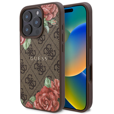 Apple iPhone 16 Pro Kılıf Guess Orjinal Lisanslı Magsafe Şarj Özellikli Gül Baskılı 4G Desenli Yazı Logolu Kapak Siyah