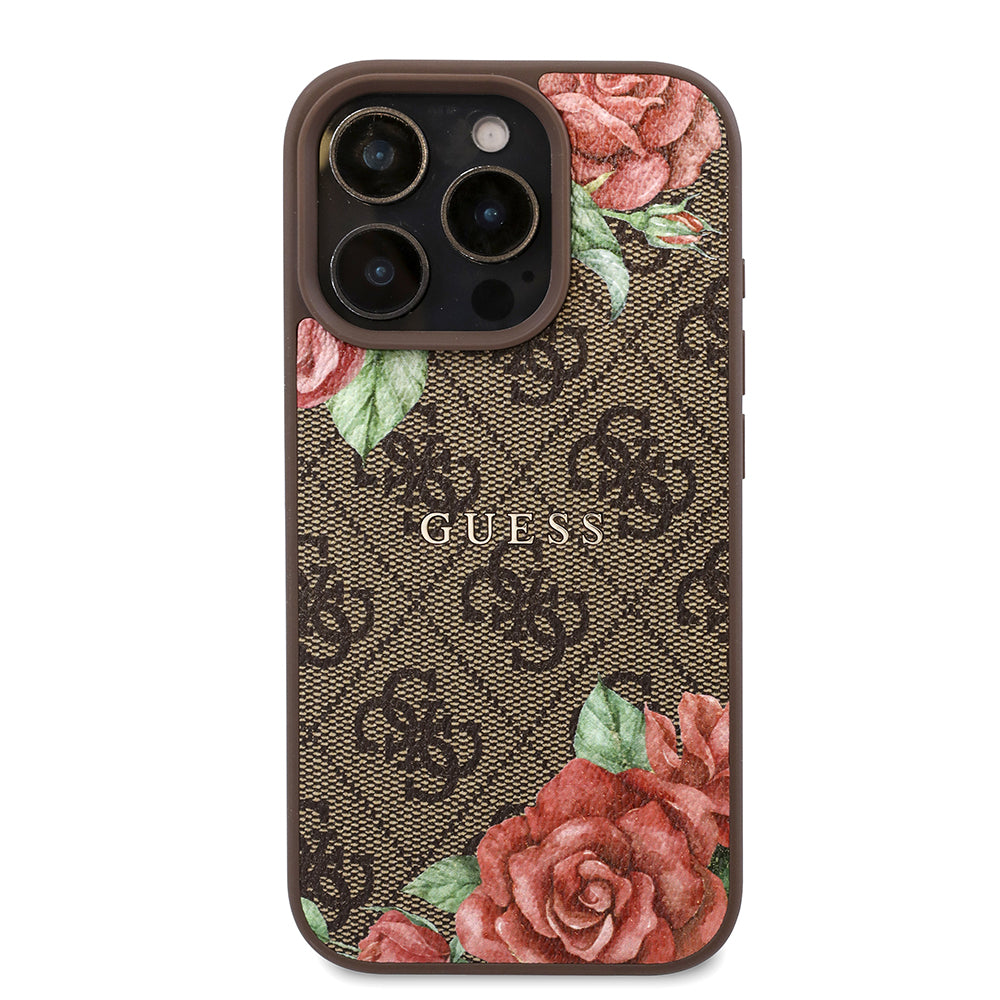 Apple iPhone 16 Pro Kılıf Guess Orjinal Lisanslı Magsafe Şarj Özellikli Gül Baskılı 4G Desenli Yazı Logolu Kapak Siyah