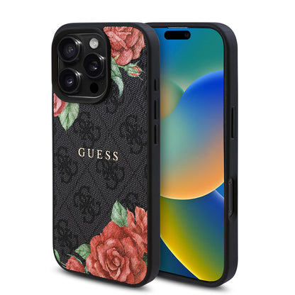 iPhone 16 Pro Kılıf Guess Orjinal Lisanslı M-safe Şarj Özellikli Gül Baskılı 4G Desenli Yazı Logolu Kılıf