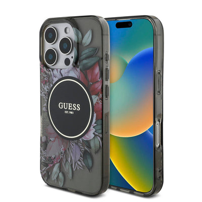 Apple iPhone 16 Pro Kılıf Guess Orjinal Lisanslı Magsafe Şarj Özellikli IML Baskılı Çiçek İnci Bileklikli Kapak Siyah