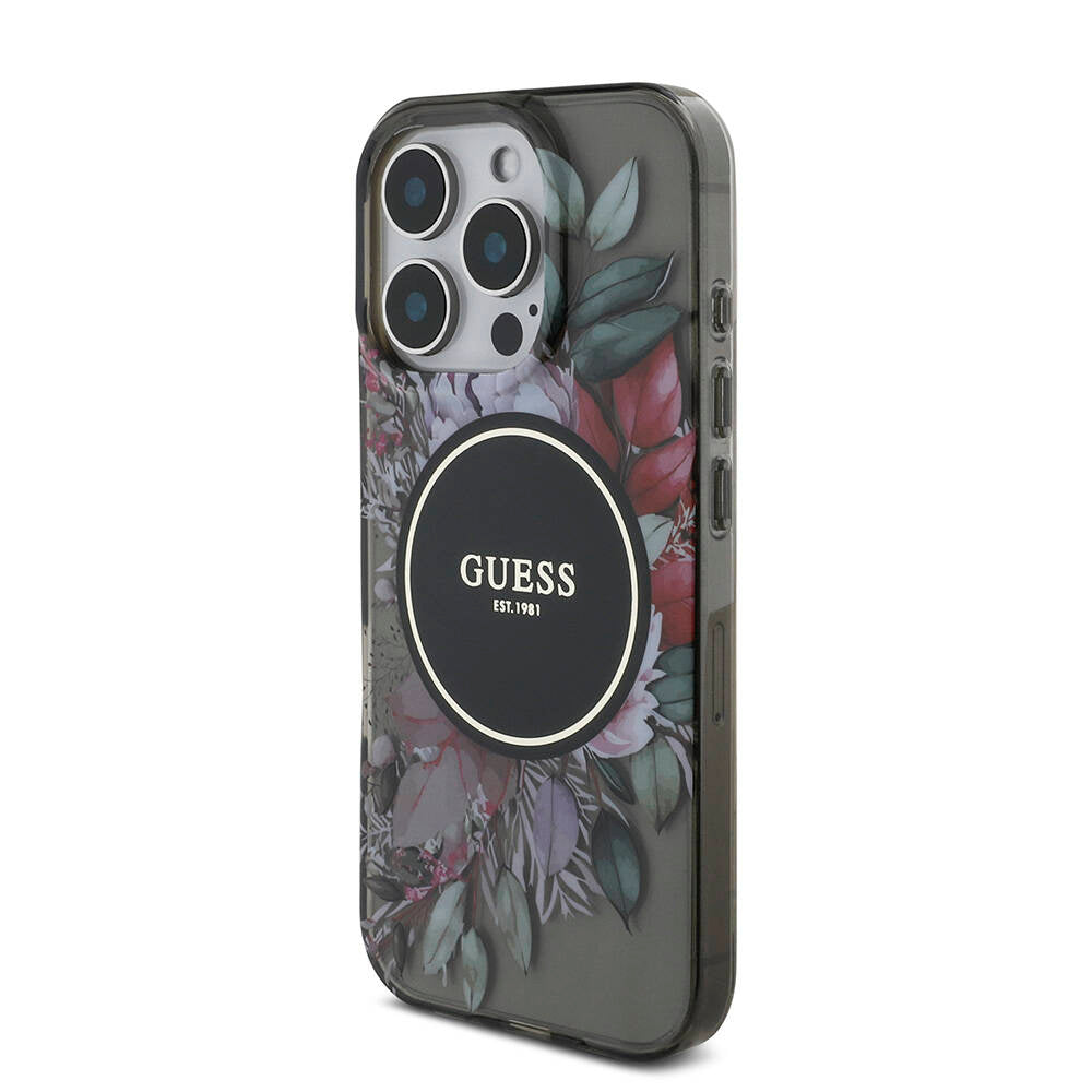 Apple iPhone 16 Pro Kılıf Guess Orjinal Lisanslı Magsafe Şarj Özellikli IML Baskılı Çiçek İnci Bileklikli Kapak Siyah
