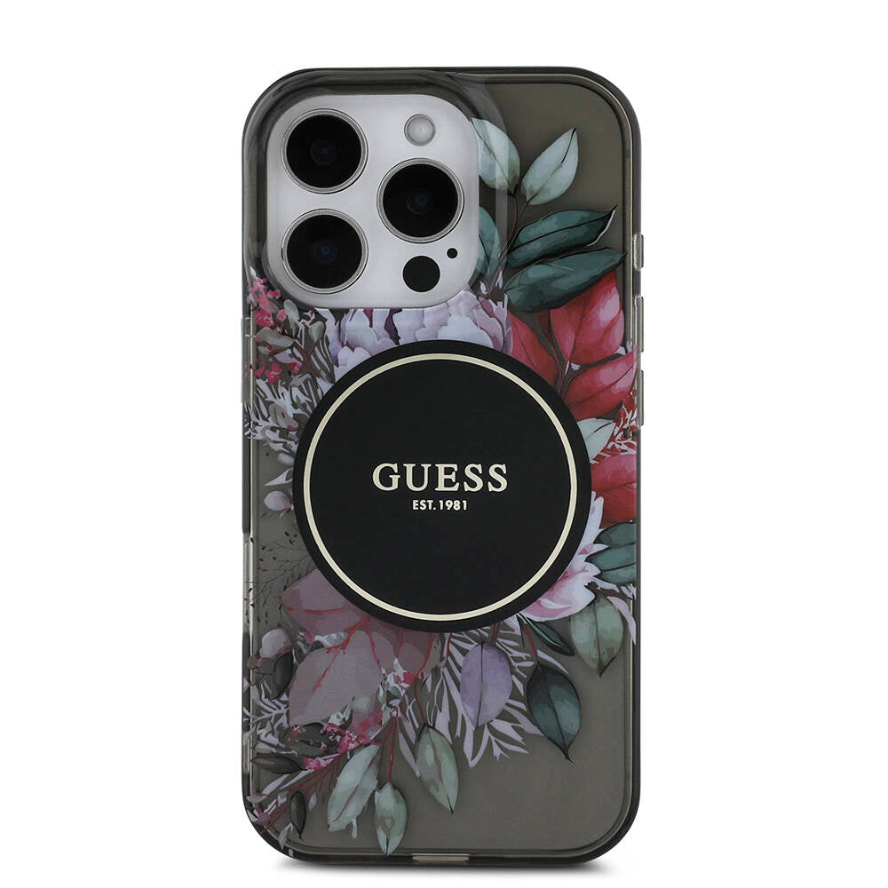 Apple iPhone 16 Pro Kılıf Guess Orjinal Lisanslı Magsafe Şarj Özellikli IML Baskılı Çiçek İnci Bileklikli Kapak Siyah