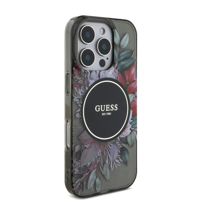 Apple iPhone 16 Pro Kılıf Guess Orjinal Lisanslı Magsafe Şarj Özellikli IML Baskılı Çiçek İnci Bileklikli Kapak Siyah