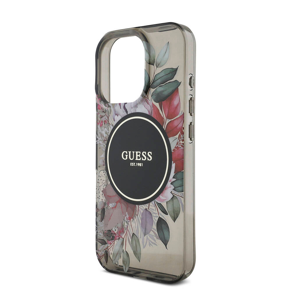 Apple iPhone 16 Pro Kılıf Guess Orjinal Lisanslı Magsafe Şarj Özellikli IML Baskılı Çiçek İnci Bileklikli Kapak Siyah