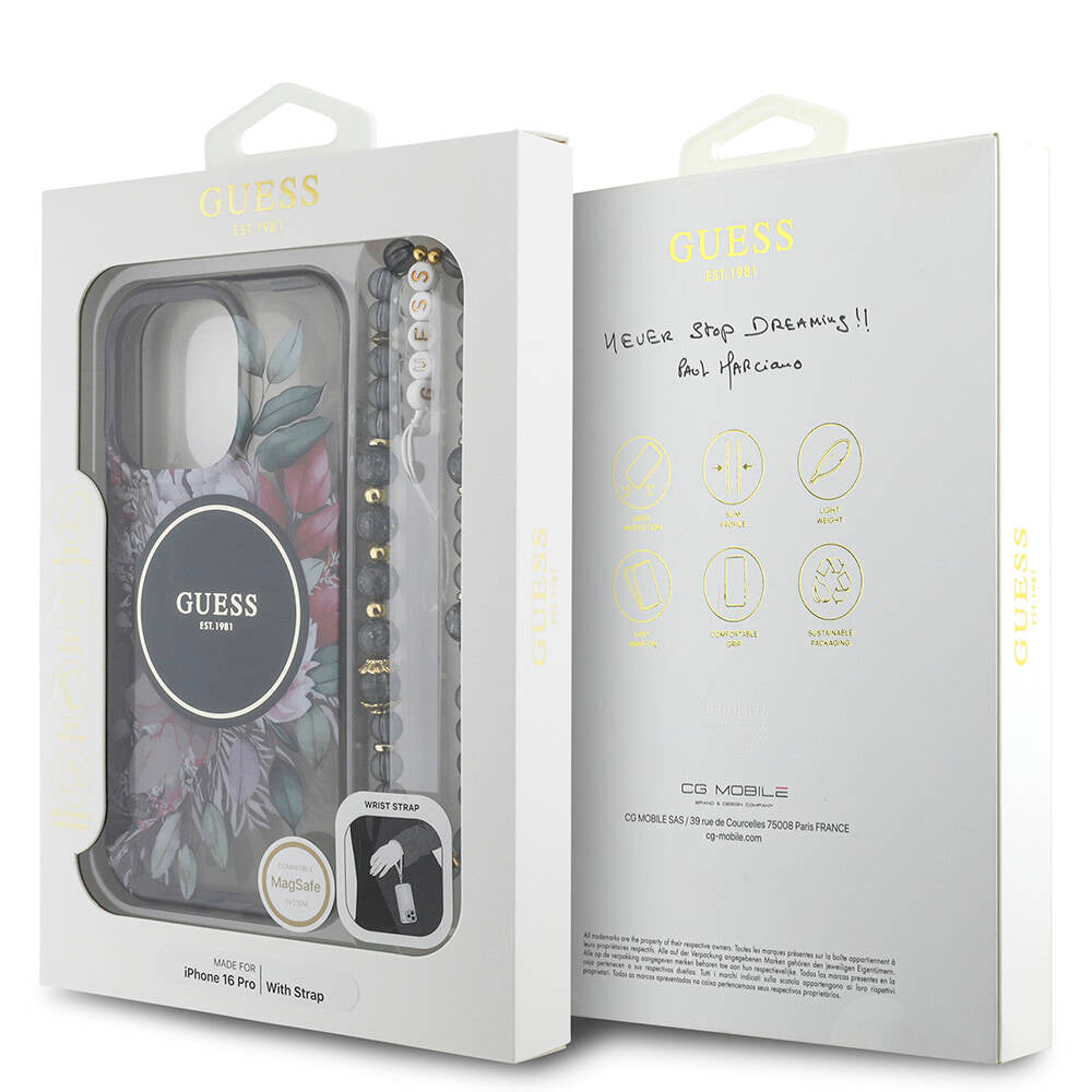 iPhone 16 Pro Kılıf Guess Orjinal Lisanslı M-safe Şarj Özellikli IML Baskılı Çiçek İnci Bileklikli Kılıf