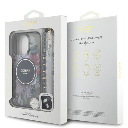 iPhone 16 Pro Kılıf Guess Orjinal Lisanslı M-safe Şarj Özellikli IML Baskılı Çiçek İnci Bileklikli Kılıf