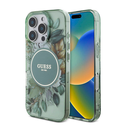 Apple iPhone 16 Pro Kılıf Guess Orjinal Lisanslı Magsafe Şarj Özellikli IML Baskılı Çiçek İnci Bileklikli Kapak Siyah