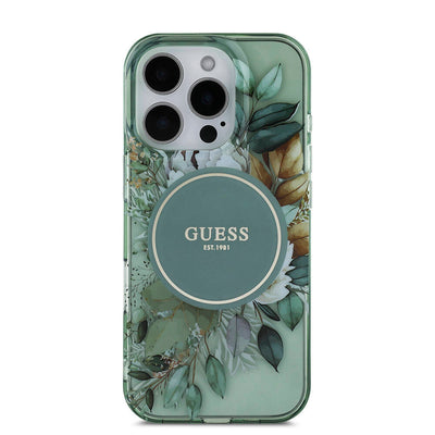 Apple iPhone 16 Pro Kılıf Guess Orjinal Lisanslı Magsafe Şarj Özellikli IML Baskılı Çiçek İnci Bileklikli Kapak Siyah