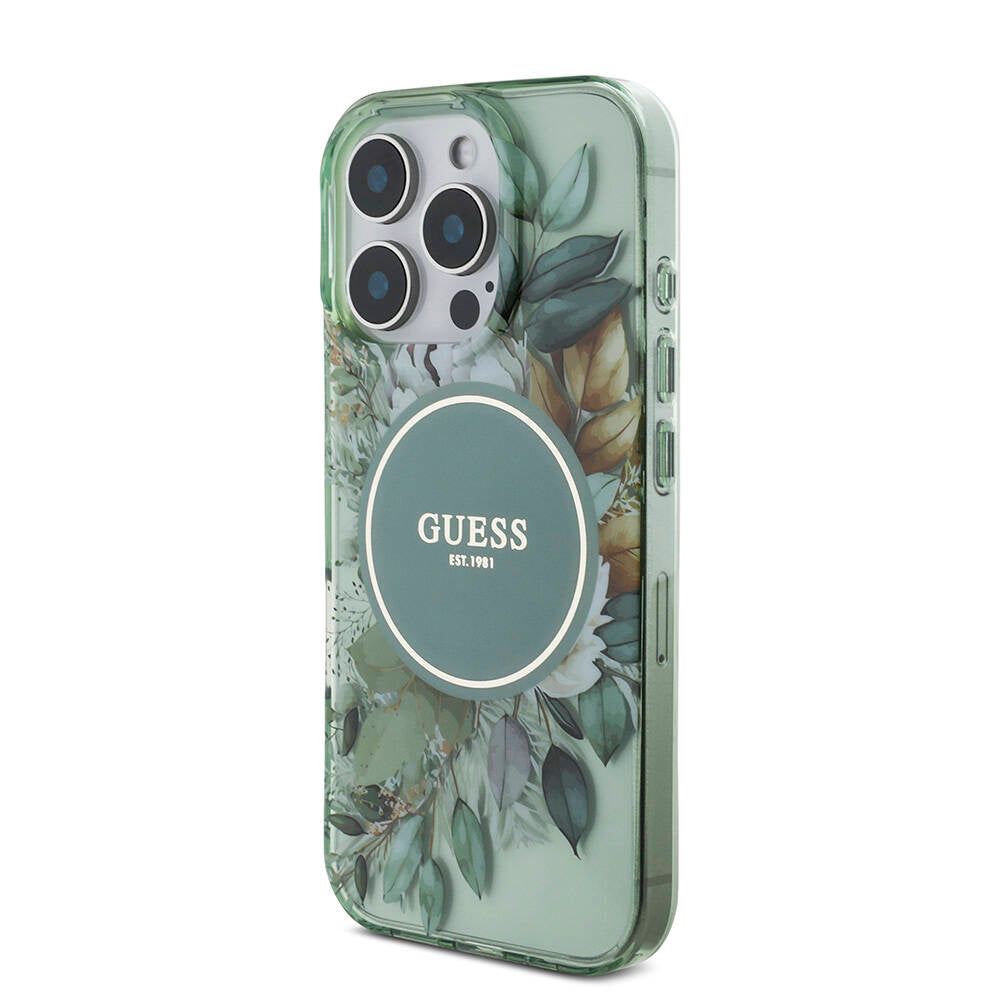 Apple iPhone 16 Pro Kılıf Guess Orjinal Lisanslı Magsafe Şarj Özellikli IML Baskılı Çiçek İnci Bileklikli Kapak Siyah