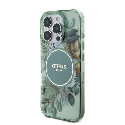 Apple iPhone 16 Pro Kılıf Guess Orjinal Lisanslı Magsafe Şarj Özellikli IML Baskılı Çiçek İnci Bileklikli Kapak Siyah