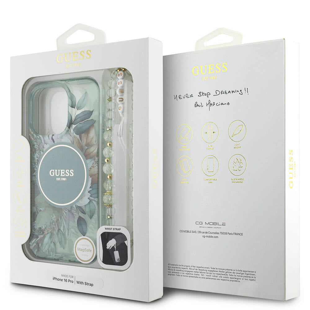 iPhone 16 Pro Kılıf Guess Orjinal Lisanslı M-safe Şarj Özellikli IML Baskılı Çiçek İnci Bileklikli Kılıf