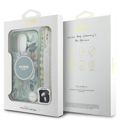 iPhone 16 Pro Kılıf Guess Orjinal Lisanslı M-safe Şarj Özellikli IML Baskılı Çiçek İnci Bileklikli Kılıf