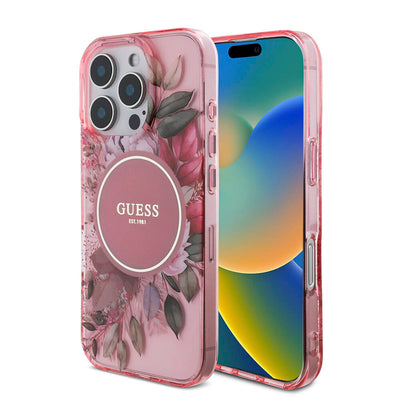 Apple iPhone 16 Pro Kılıf Guess Orjinal Lisanslı Magsafe Şarj Özellikli IML Baskılı Çiçek İnci Bileklikli Kapak Siyah