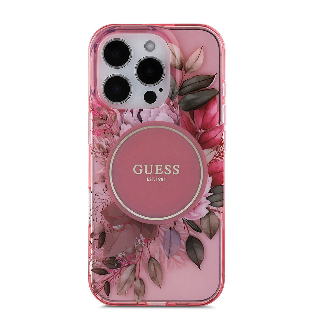 Apple iPhone 16 Pro Kılıf Guess Orjinal Lisanslı Magsafe Şarj Özellikli IML Baskılı Çiçek İnci Bileklikli Kapak Siyah