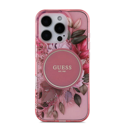 Apple iPhone 16 Pro Kılıf Guess Orjinal Lisanslı Magsafe Şarj Özellikli IML Baskılı Çiçek İnci Bileklikli Kapak Siyah