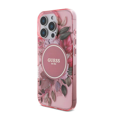 Apple iPhone 16 Pro Kılıf Guess Orjinal Lisanslı Magsafe Şarj Özellikli IML Baskılı Çiçek İnci Bileklikli Kapak Siyah
