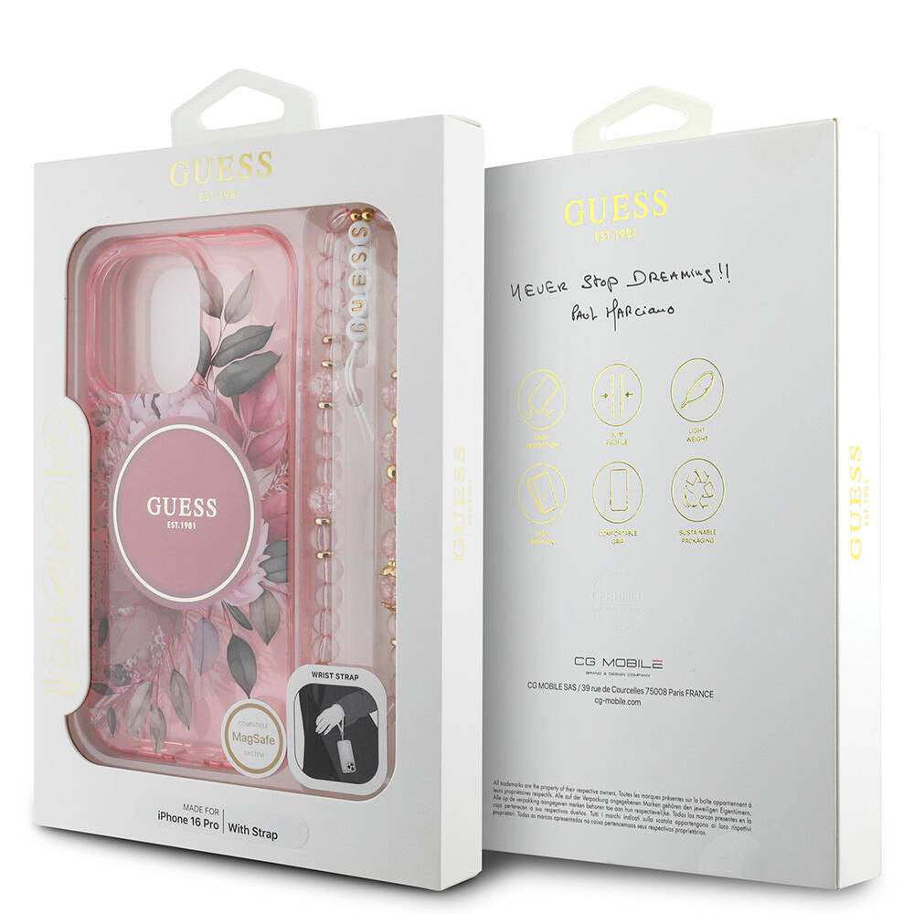 iPhone 16 Pro Kılıf Guess Orjinal Lisanslı M-safe Şarj Özellikli IML Baskılı Çiçek İnci Bileklikli Kılıf