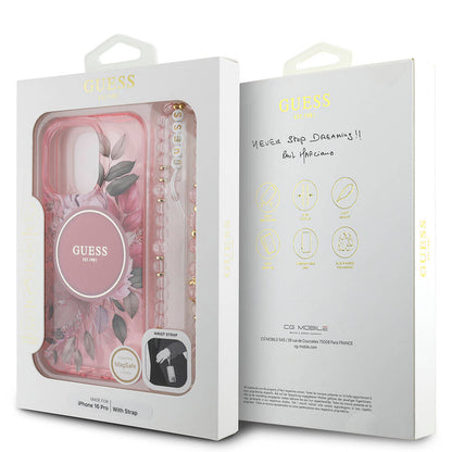 iPhone 16 Pro Kılıf Guess Orjinal Lisanslı M-safe Şarj Özellikli IML Baskılı Çiçek İnci Bileklikli Kılıf