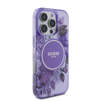 Apple iPhone 16 Pro Kılıf Guess Orjinal Lisanslı Magsafe Şarj Özellikli IML Baskılı Çiçek İnci Bileklikli Kapak Siyah