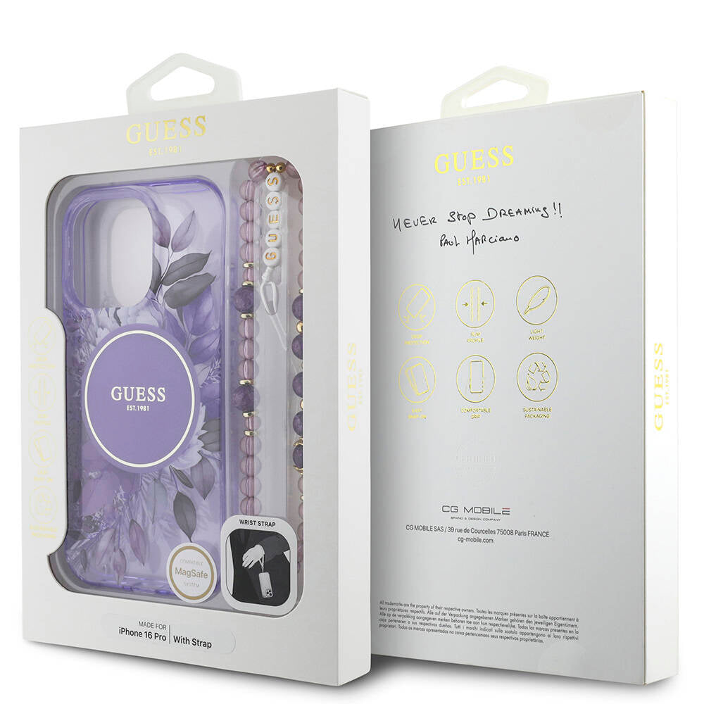 iPhone 16 Pro Kılıf Guess Orjinal Lisanslı M-safe Şarj Özellikli IML Baskılı Çiçek İnci Bileklikli Kılıf