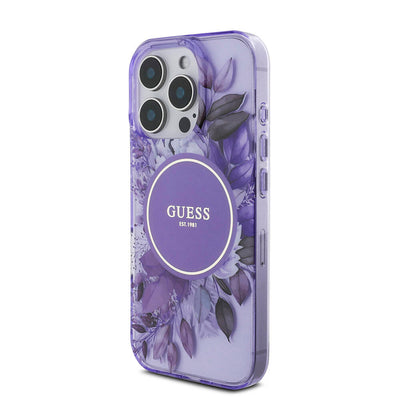 Apple iPhone 16 Pro Kılıf Guess Orjinal Lisanslı Magsafe Şarj Özellikli IML Baskılı Çiçek İnci Bileklikli Kapak Siyah