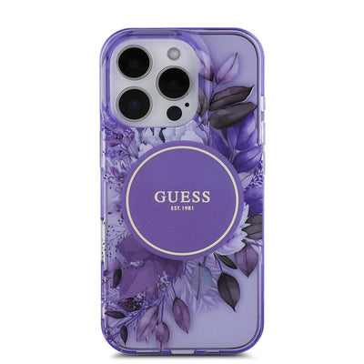 Apple iPhone 16 Pro Kılıf Guess Orjinal Lisanslı Magsafe Şarj Özellikli IML Baskılı Çiçek İnci Bileklikli Kapak Siyah