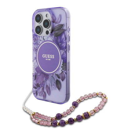 iPhone 16 Pro Kılıf Guess Orjinal Lisanslı M-safe Şarj Özellikli IML Baskılı Çiçek İnci Bileklikli Kılıf
