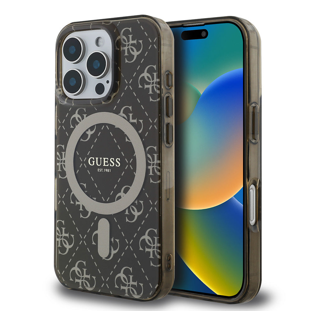 Apple iPhone 16 Pro Kılıf Guess Orjinal Lisanslı Magsafe Şarj Özellikli IML Baskılı Klasik Logolu 4G Desenli Kapak Pembe