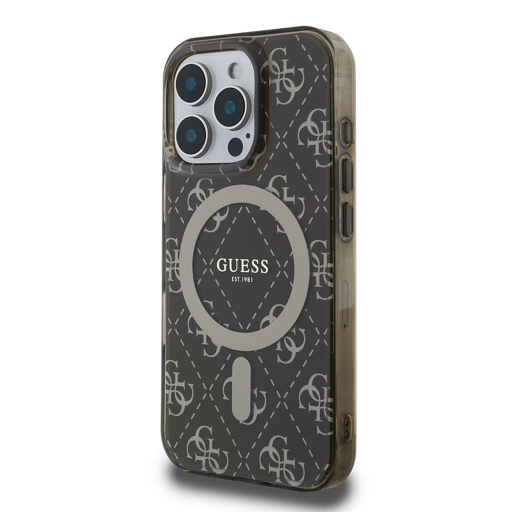Apple iPhone 16 Pro Kılıf Guess Orjinal Lisanslı Magsafe Şarj Özellikli IML Baskılı Klasik Logolu 4G Desenli Kapak Pembe