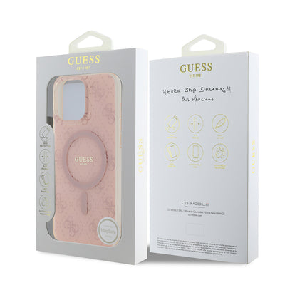 Apple iPhone 16 Pro Kılıf Guess Orjinal Lisanslı Magsafe Şarj Özellikli IML Baskılı Klasik Logolu 4G Desenli Kapak Pembe