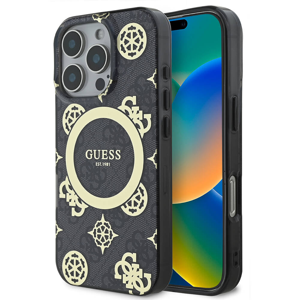 iPhone 16 Pro Kılıf Guess Orjinal Lisanslı M-safe Şarj Özellikli IML Peony ve 4G Desenli Klasik Logolu Kılıf