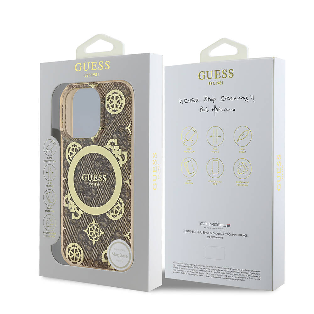 iPhone 16 Pro Kılıf Guess Orjinal Lisanslı M-safe Şarj Özellikli IML Peony ve 4G Desenli Klasik Logolu Kılıf