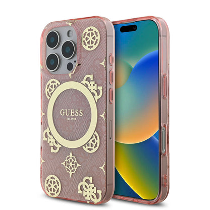 iPhone 16 Pro Kılıf Guess Orjinal Lisanslı M-safe Şarj Özellikli IML Peony ve 4G Desenli Klasik Logolu Kılıf