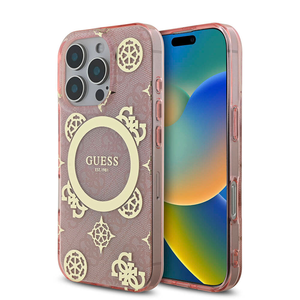 Apple iPhone 16 Pro Kılıf Guess Orjinal Lisanslı Magsafe Şarj Özellikli IML Peony ve 4G Desenli Klasik Logolu Kapak Kahverengi