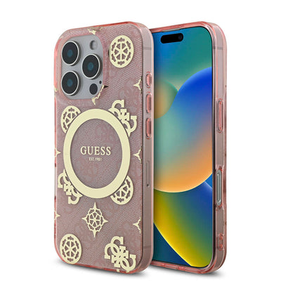 Apple iPhone 16 Pro Kılıf Guess Orjinal Lisanslı Magsafe Şarj Özellikli IML Peony ve 4G Desenli Klasik Logolu Kapak Pembe