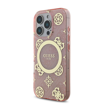 Apple iPhone 16 Pro Kılıf Guess Orjinal Lisanslı Magsafe Şarj Özellikli IML Peony ve 4G Desenli Klasik Logolu Kapak Kahverengi