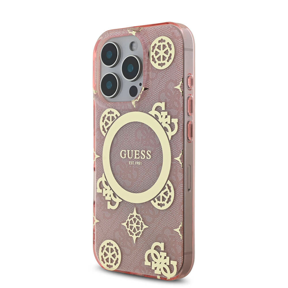 Apple iPhone 16 Pro Kılıf Guess Orjinal Lisanslı Magsafe Şarj Özellikli IML Peony ve 4G Desenli Klasik Logolu Kapak Pembe