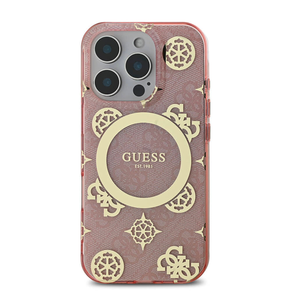 Apple iPhone 16 Pro Kılıf Guess Orjinal Lisanslı Magsafe Şarj Özellikli IML Peony ve 4G Desenli Klasik Logolu Kapak Kahverengi