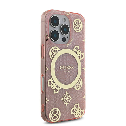 iPhone 16 Pro Kılıf Guess Orjinal Lisanslı M-safe Şarj Özellikli IML Peony ve 4G Desenli Klasik Logolu Kılıf