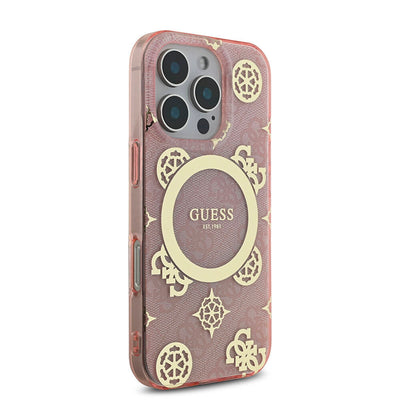 Apple iPhone 16 Pro Kılıf Guess Orjinal Lisanslı Magsafe Şarj Özellikli IML Peony ve 4G Desenli Klasik Logolu Kapak Pembe