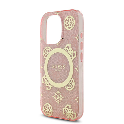 Apple iPhone 16 Pro Kılıf Guess Orjinal Lisanslı Magsafe Şarj Özellikli IML Peony ve 4G Desenli Klasik Logolu Kapak Pembe