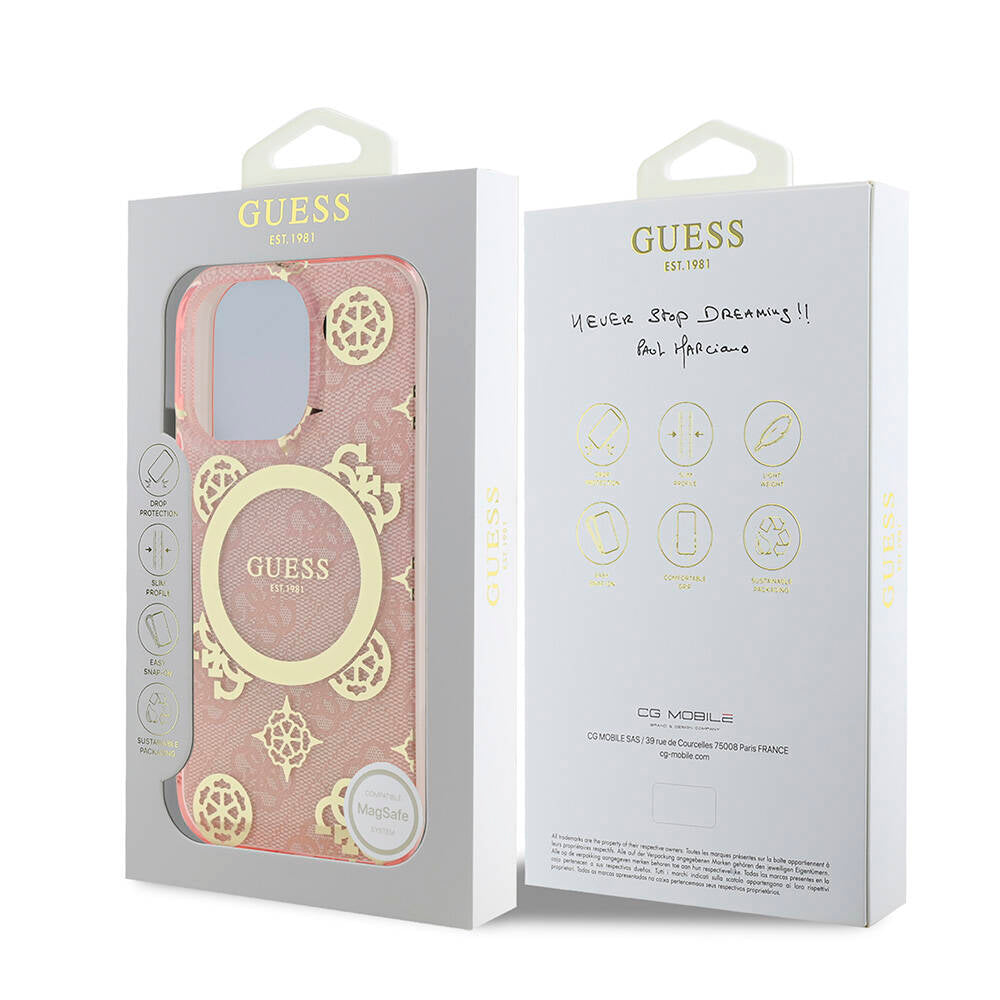 Apple iPhone 16 Pro Kılıf Guess Orjinal Lisanslı Magsafe Şarj Özellikli IML Peony ve 4G Desenli Klasik Logolu Kapak Kahverengi
