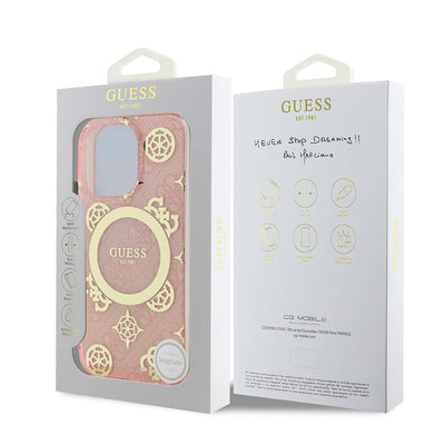 Apple iPhone 16 Pro Kılıf Guess Orjinal Lisanslı Magsafe Şarj Özellikli IML Peony ve 4G Desenli Klasik Logolu Kapak Kahverengi